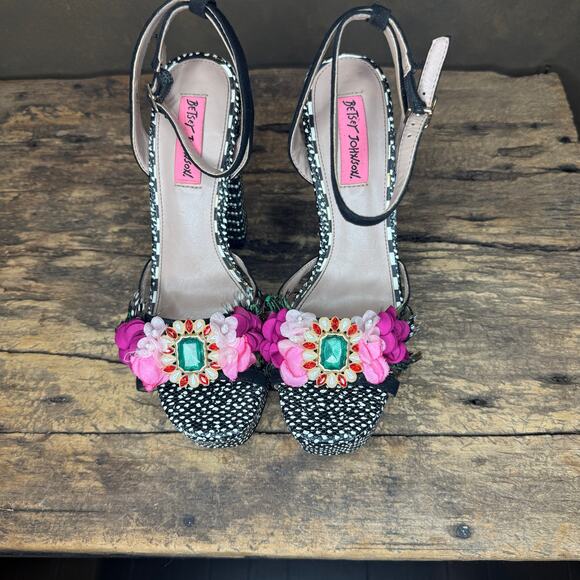 Betsey Johnson Marlo Platform Heels Women’s 7.5 Black Rhinestone Floral - Picture 2 of 14